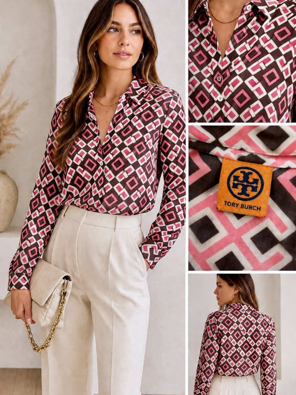 Tory Burch Geometric Print Button Up Blouse Brown Pink Logo Pattern S